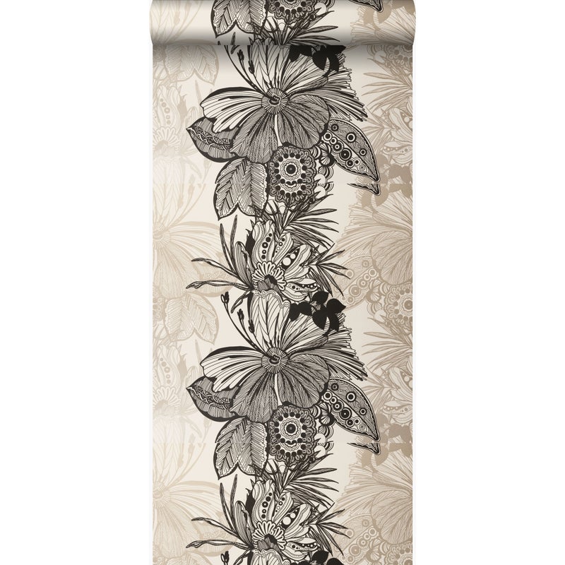 Tapeta kwiaty czarnymIbeżowym - 52 cm x 10.05 m - ORIGIN