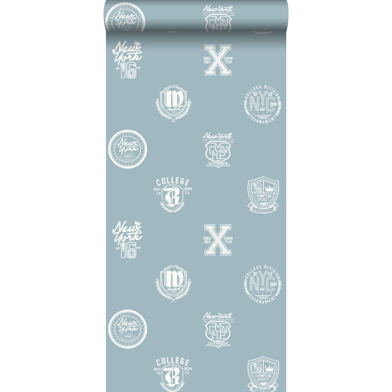 Tapeta emblematy szkoły jasnoniebieskim vintage - 53 cm x 10.05 m - ESTAHOME