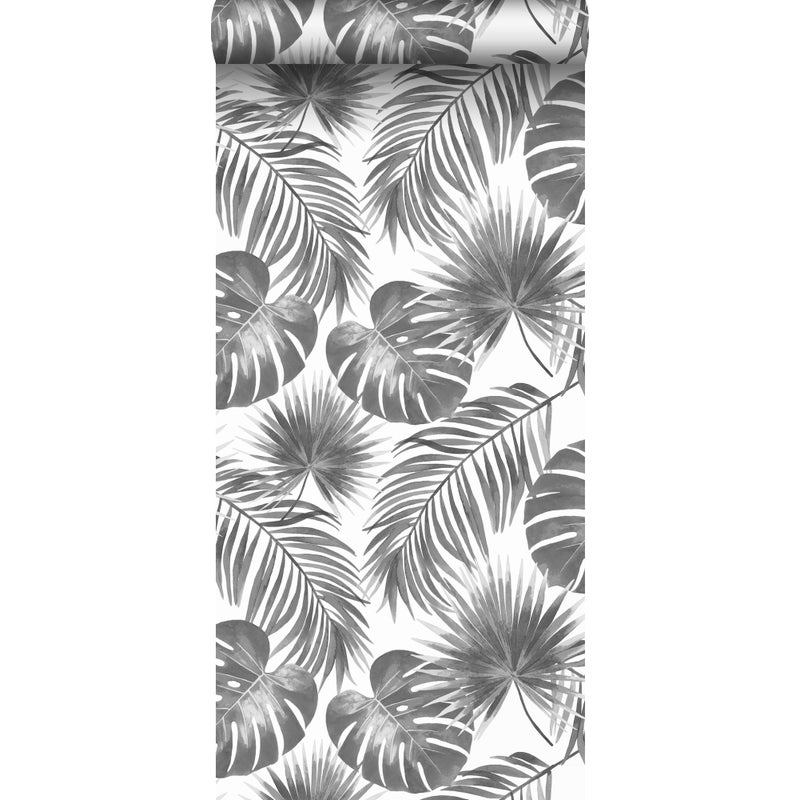 Tapeta tropikalne liście czarno-białym - 53 cm x 10.05 m - ESTAHOME