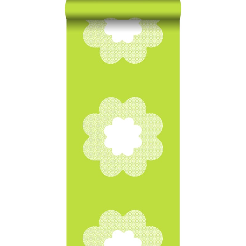 Tapeta koronkowe kwiaty limonkowej zieleni - 53 cm x 10.05 m - ESTAHOME