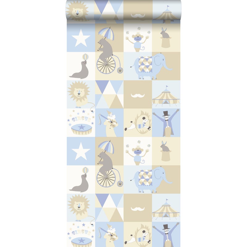 Tapeta figury cyrkowe jasnoniebieskim,beżowymIbiałym - 53 cm x 10.05 m - ESTAHOME