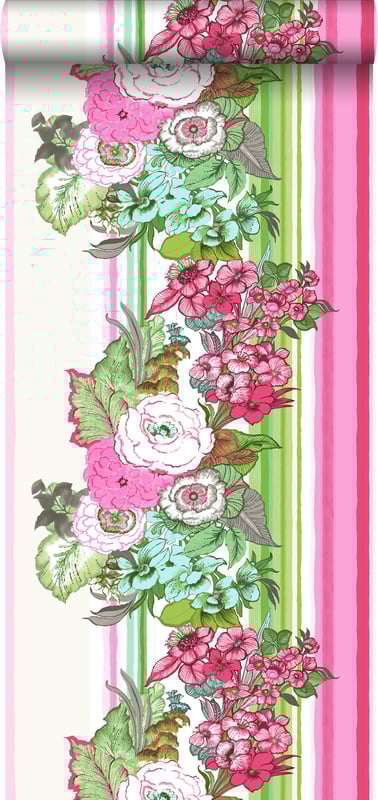 Tapeta zabytkowe kwiaty różowymIlimonkowej zieleni - 53 cm x 10.05 m - ESTAHOME