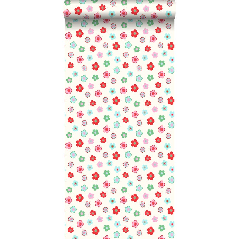 Tapeta zabytkowe kwiaty jasnoniebieskim,zielonymIczerwonym - 53 cm x 10.05 m - ESTAHOME