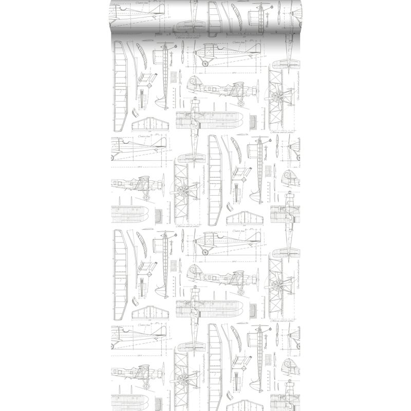 Tapeta rysunki konstrukcyjne samolotów białym - 53 cm x 10.05 m - ESTAHOME
