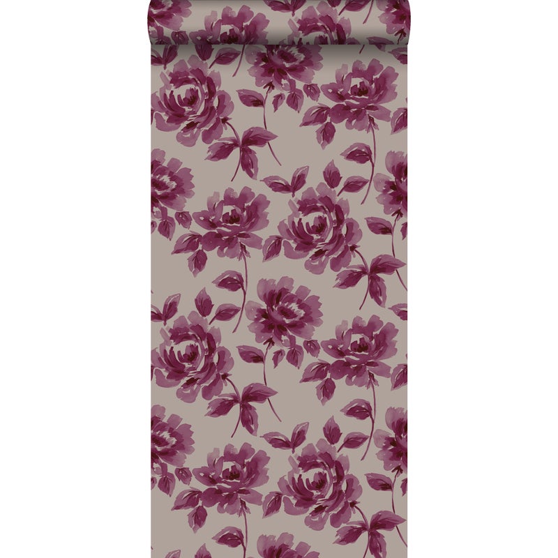 Tapeta róże malowane akwarelą bakłażanowym fioletowymItaupe - 53 cm x 10.05 m - ESTAHOME