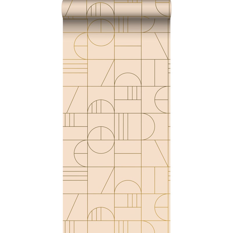 Tapeta motyw art déco jasny brzoskwiniowy różIzłotym - 53 cm x 10.05 m - ESTAHOME