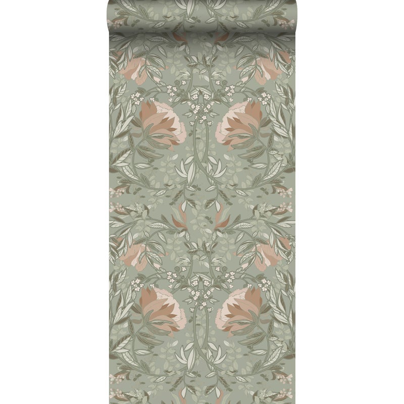 Tapeta vintage kwiaty w stylu secesyjnym szaro zielonymIstarego różu - 53 cm x 10.05 m - ESTAHOME