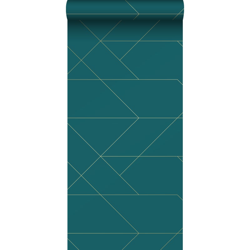 Tapeta linie graficzne petrol blueIzłotym - 53 cm x 10.05 m - ESTAHOME