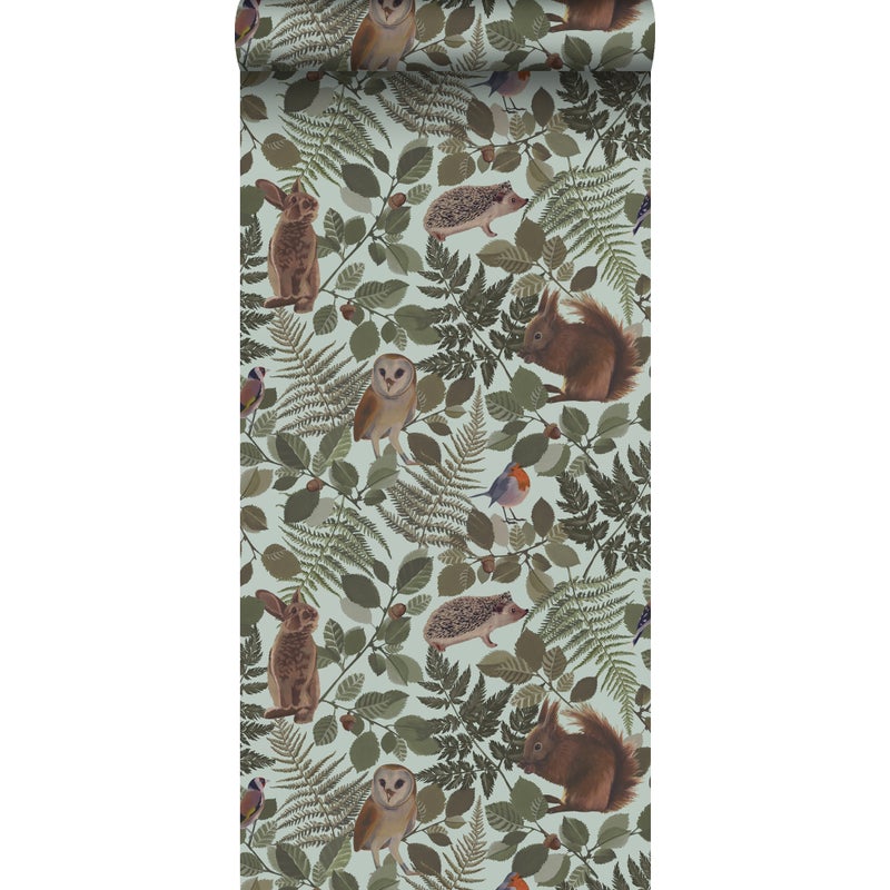 Tapeta zwierzęta leśne miętowej zieleniIzielonym - 53 cm x 10.05 m - ESTAHOME