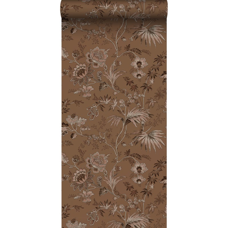 Tapeta zabytkowe kwiaty terakota brązowy - 50 x 900 cm - ESTAHOME
