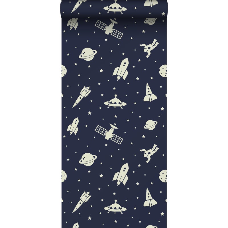 Tapeta planety w kosmosie ciemnoniebieskimIbiałym - 50 x 900 cm - ESTAHOME