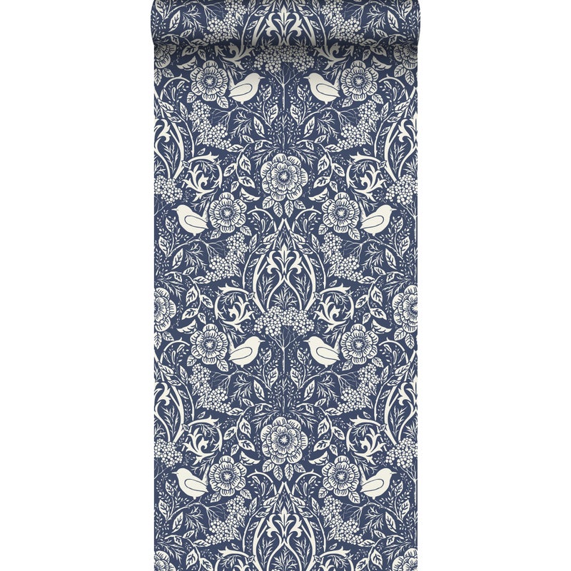 Tapeta kwiaty i ptaki w stylu secesyjnym ciemnoniebieskim - 50 x 900 cm - ESTAHOME