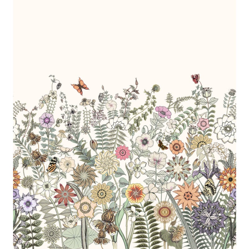 Fototapeta kwiaty i motyle zielonym,pomarańczowymIfioletowym - 250 x 279 cm - ESTAHOME