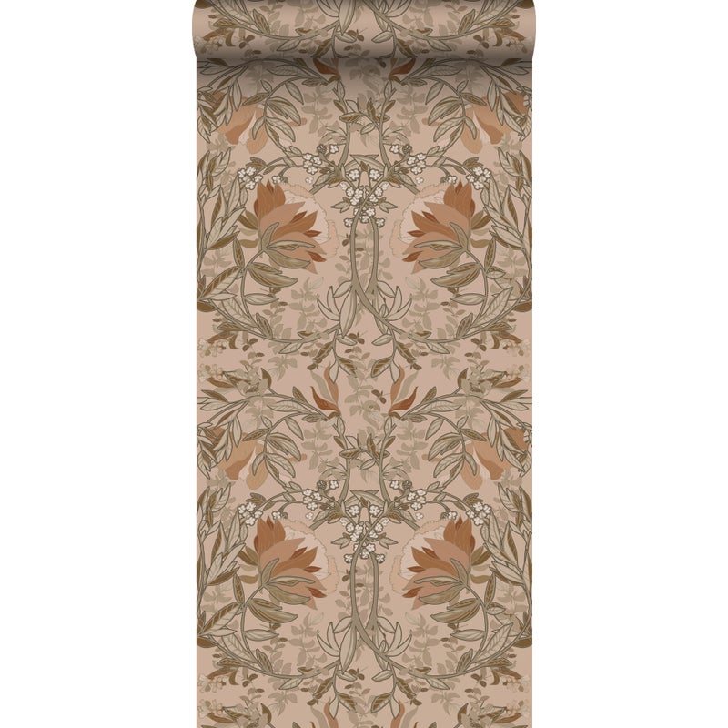 Tapeta vintage kwiaty w stylu secesyjnym terakota - 53 cm x 10.05 m - ESTAHOME
