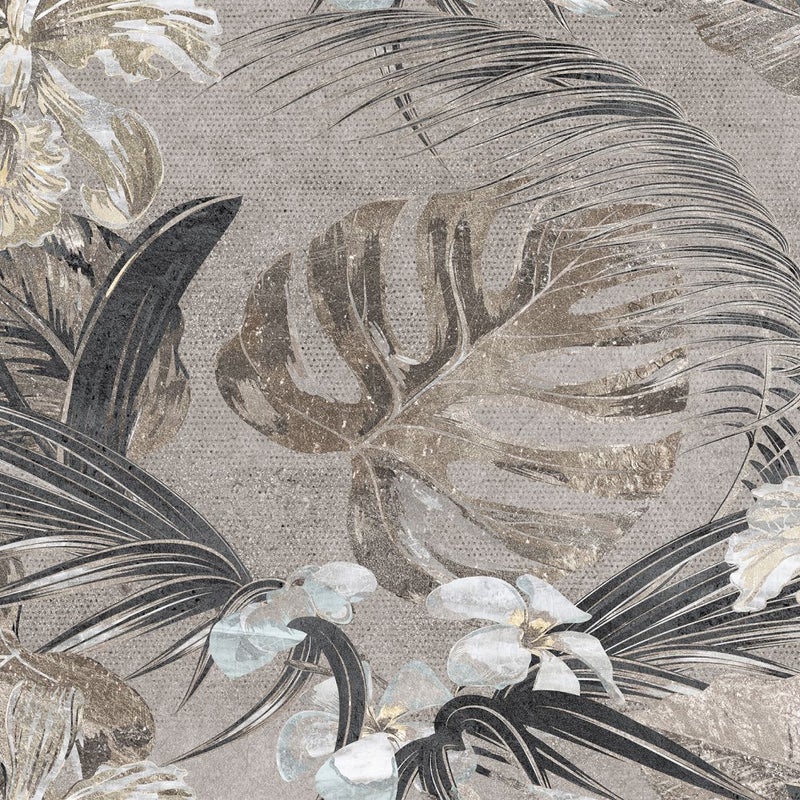 Fototapeta tropikalne liście i kwiaty beżowym,białymIszarym - 375 x 270 cm - SANDERS & SANDERS