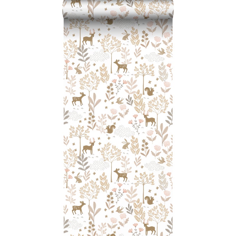 Tapeta las ze zwierzętami leśnymi terakoty różowejIbeżowym - 53 cm x 10.05 m - ESTAHOME
