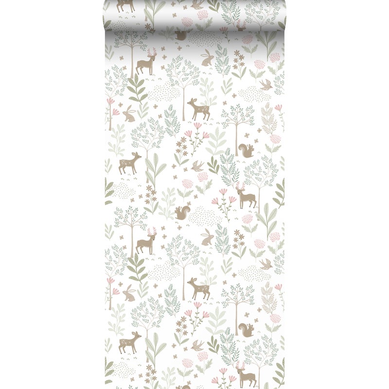 Tapeta las ze zwierzętami leśnymi zielonymIróżowym - 53 cm x 10.05 m - ESTAHOME