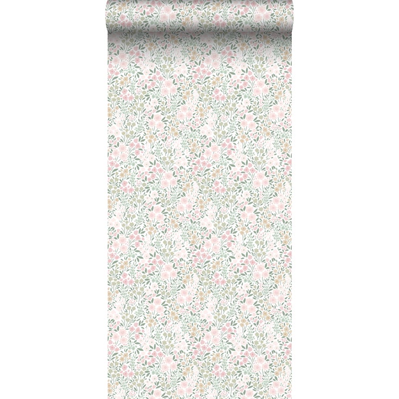 Tapeta kwiaty delikatnego różuIzielonym - 53 cm x 10.05 m - ESTAHOME