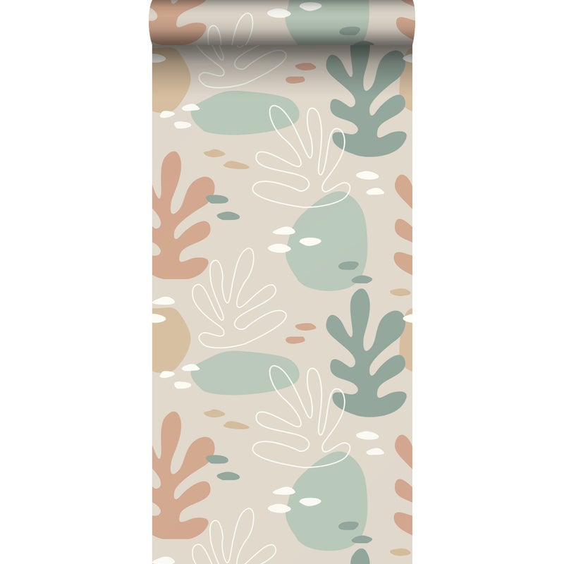 Tapeta koral jasnej terakoty,szaro zielonymIszarym - 50 x 900 cm - ESTAHOME