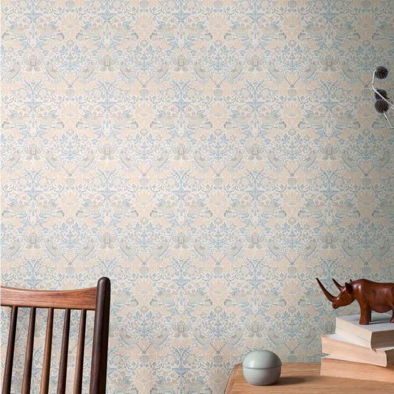Tapeta kwiaty i ptaki w stylu secesyjnym beżowym,niebieskimIszarym - 53 cm x 10.05 m - LIVINGWALLS