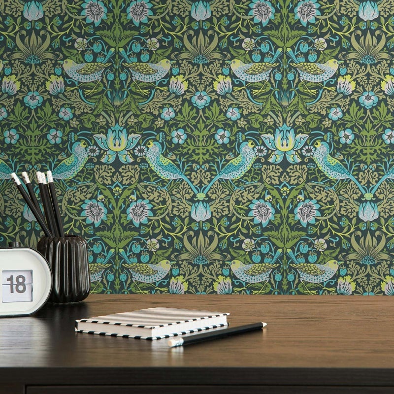 Tapeta kwiaty i ptaki w stylu secesyjnym zielonymIniebieskim - 53 cm x 10.05 m - LIVINGWALLS