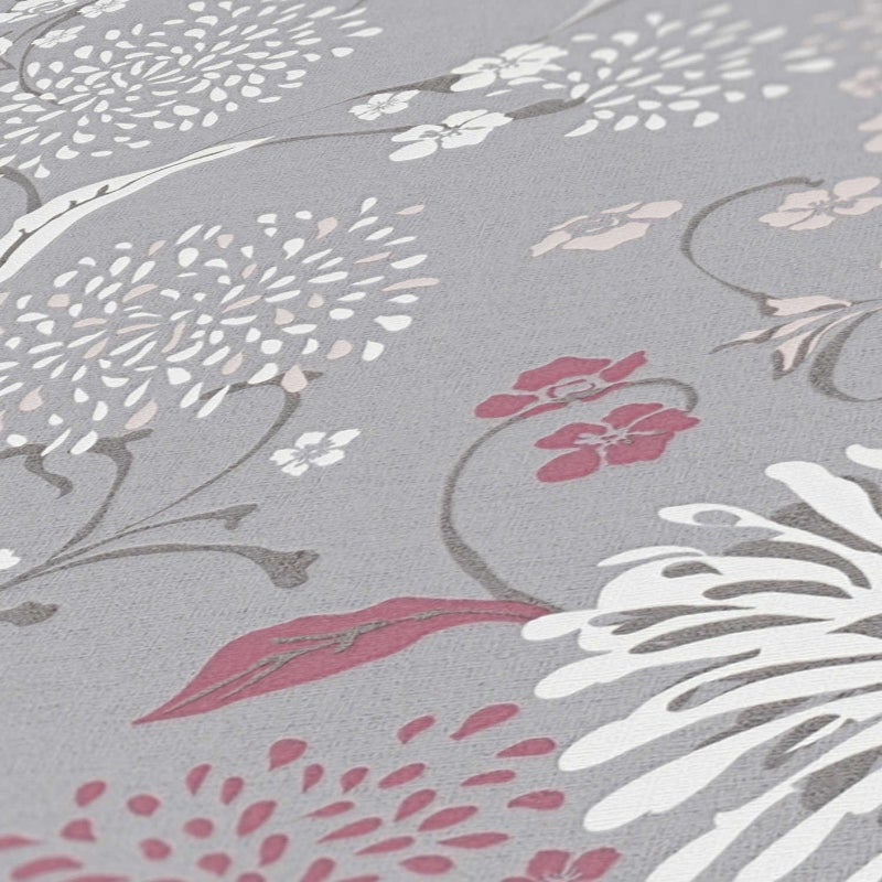 Tapeta kwiatowy wzór szarym,białym,czerwonymIliliowo fioletowym - 53 cm x 10.05 m - LIVINGWALLS
