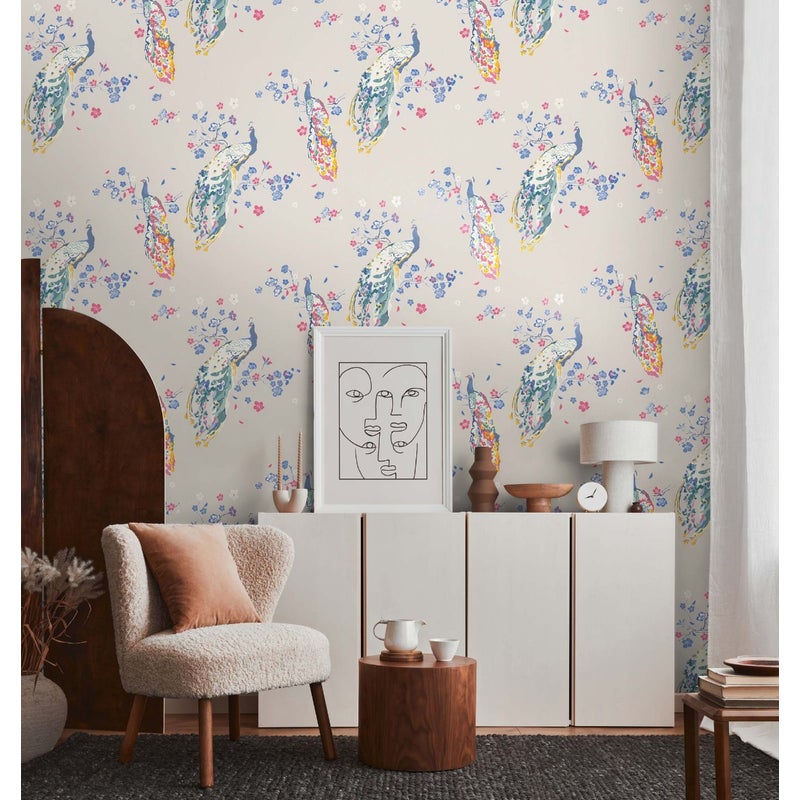 Tapeta ptak szarym,niebieskim,czerwonym,białymIzielonym - 53 cm x 10.05 m - LIVINGWALLS