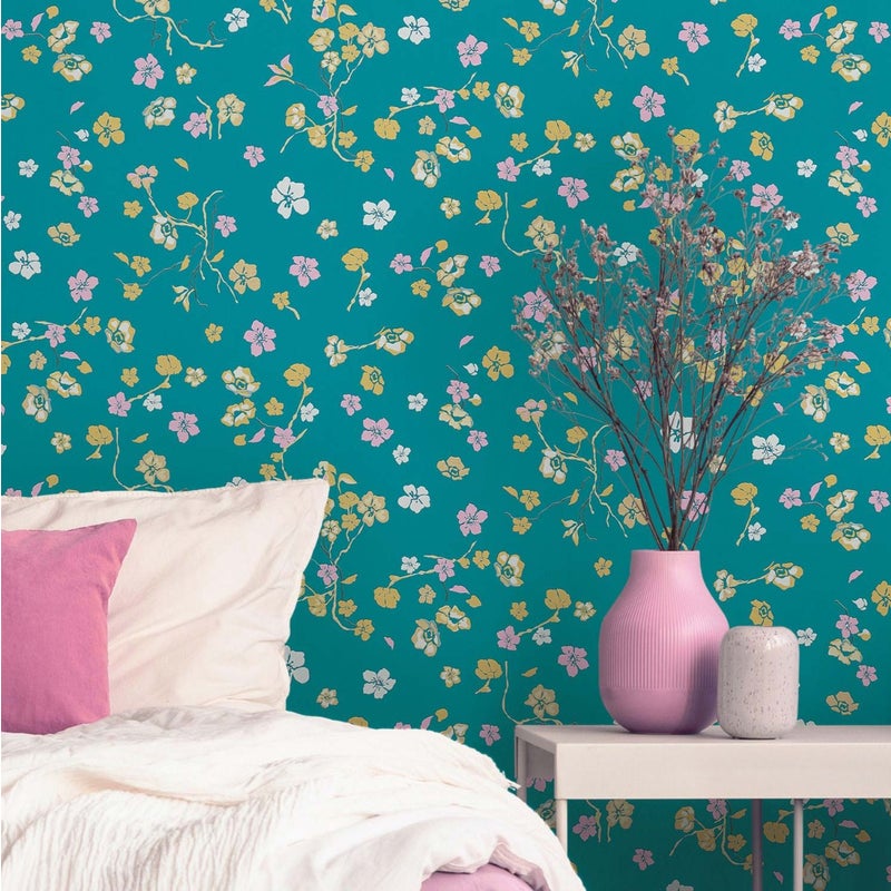 Tapeta kwiatowy wzór turkusowym,żółtym,różowym,zielonymIbiałym - 53 cm x 10.05 m - LIVINGWALLS