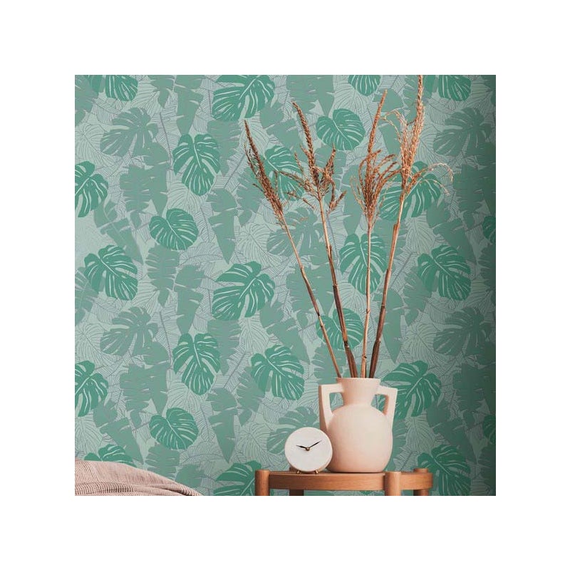 Tapeta palmy zielonymIsrebrnym - 53 cm x 10.05 m - LIVINGWALLS