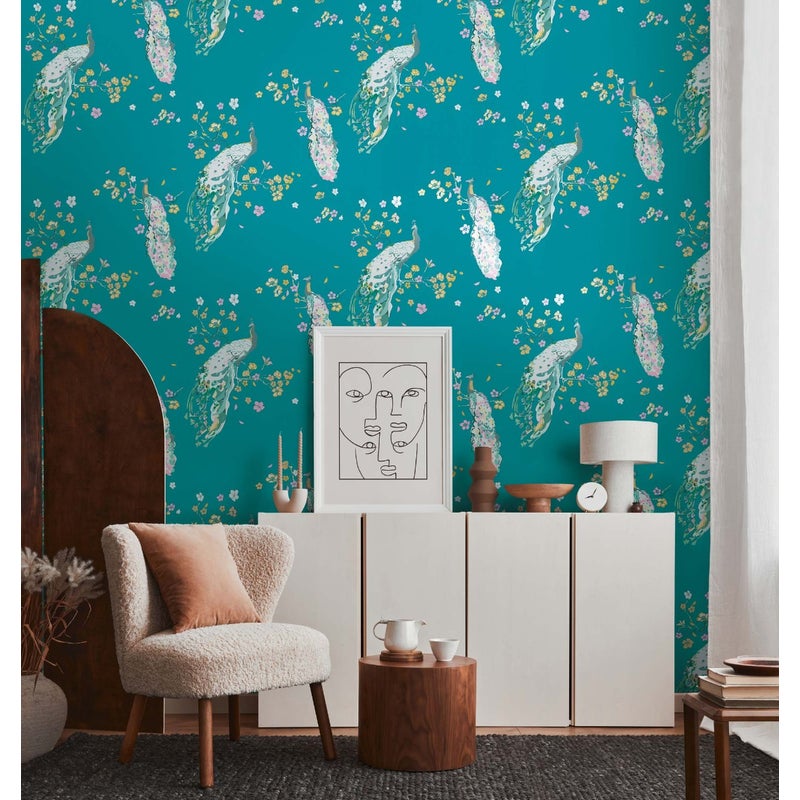 Tapeta ptak turkusowym,żółtym,różowym,zielonymIbiałym - 53 cm x 10.05 m - LIVINGWALLS