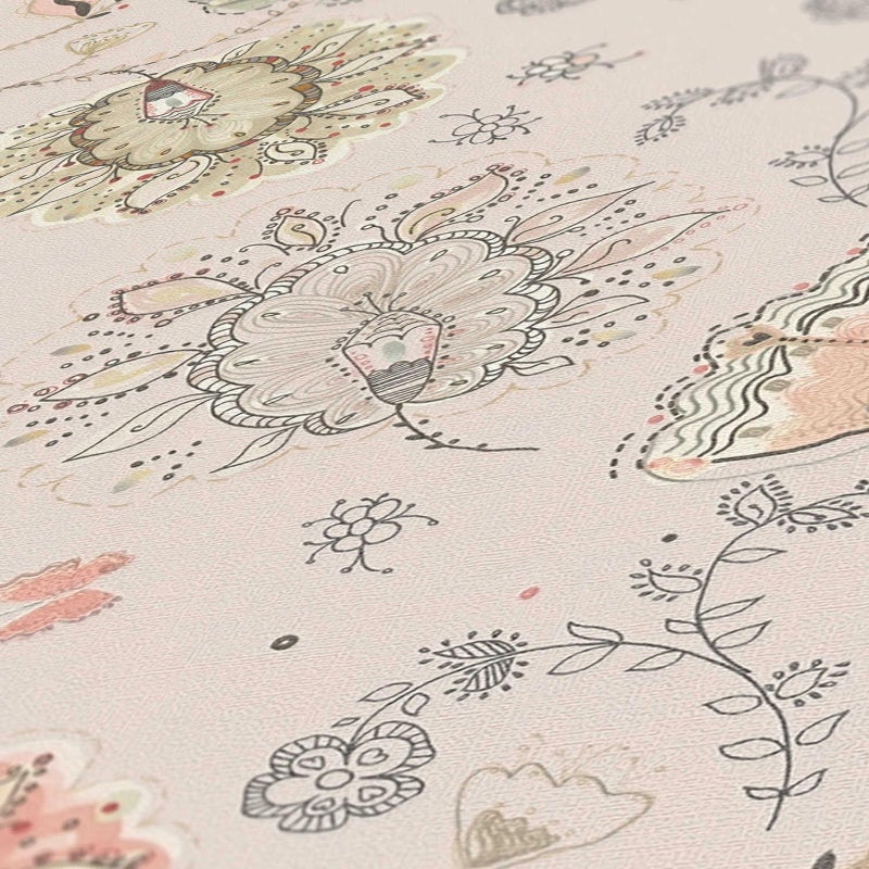 Tapeta kwiatowy wzór beżowym,różowym,szarymIczerwonym - 53 cm x 10.05 m - LIVINGWALLS