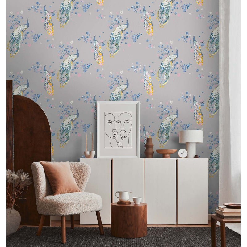 Tapeta ptak szarym,niebieskim,różowym,białymIpomarańczowym - 53 cm x 10.05 m - LIVINGWALLS