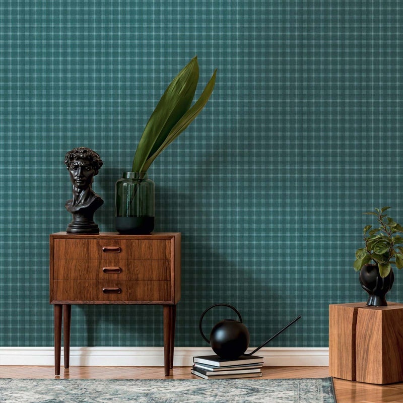 Tapeta motyw figuratywny zielonym,petrol blueIbiałym - 53 cm x 10.05 m - LIVINGWALLS