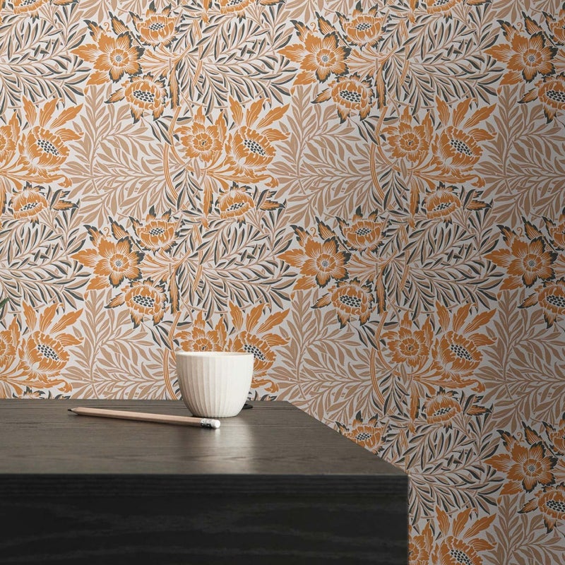 Tapeta kwiatowy wzór pomarańczowym,beżowym,białymIczarnym - 53 cm x 10.05 m - LIVINGWALLS