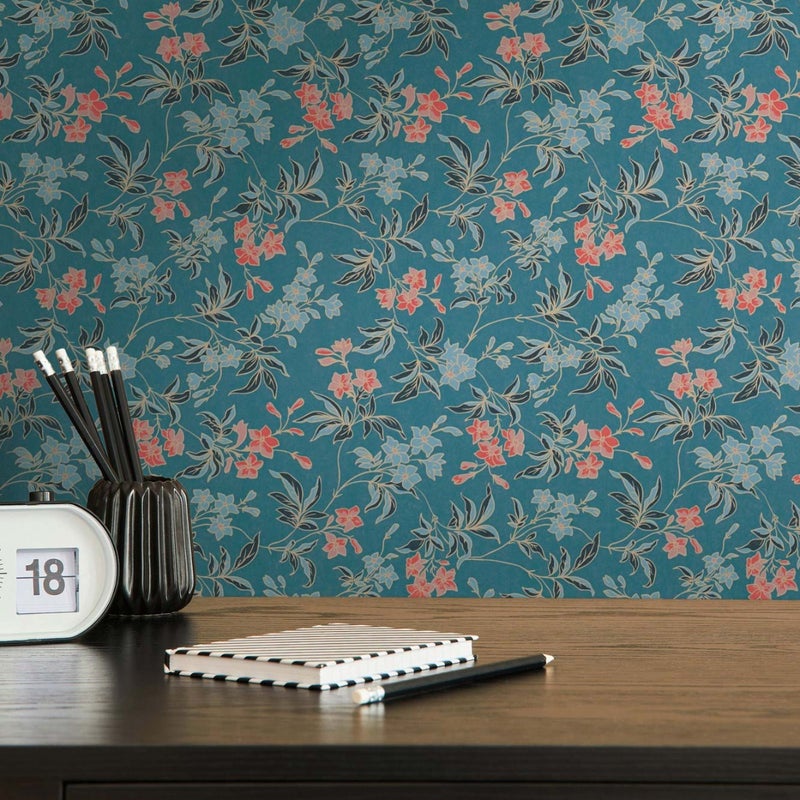 Tapeta kwiatowy wzór niebiesko-zielonymIterakota - 53 cm x 10.05 m - LIVINGWALLS