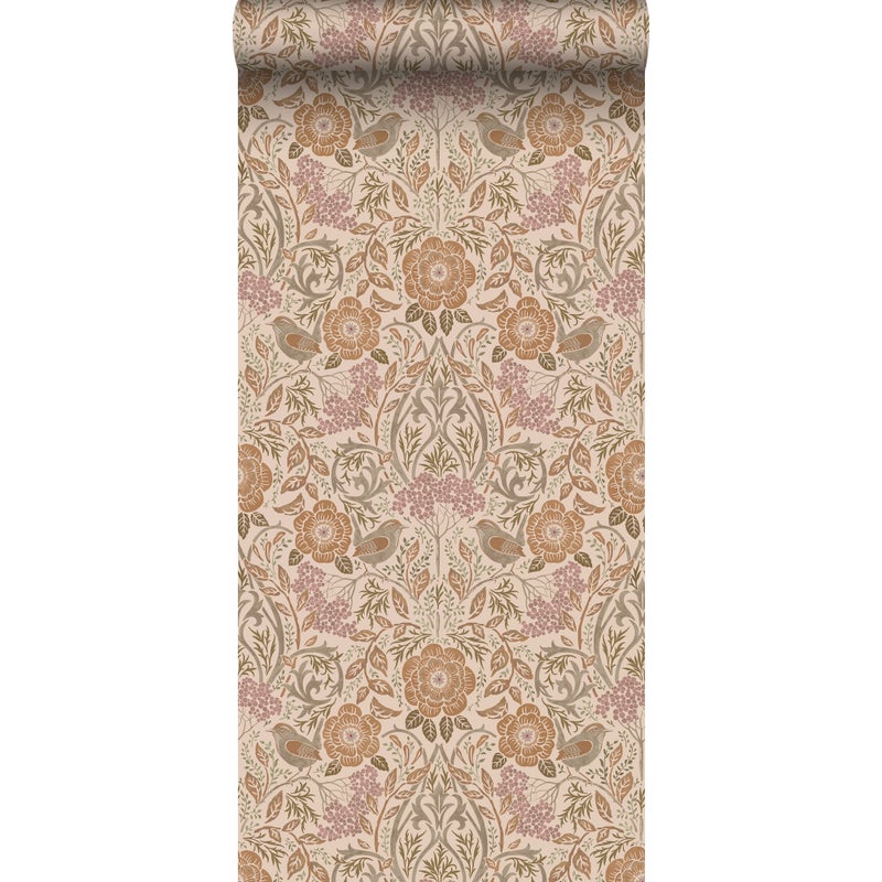 Tapeta kwiaty i ptaki w stylu secesyjnym beżowym,terakotaIstarego różu - 53 cm x 10.05 m - ESTAHOME