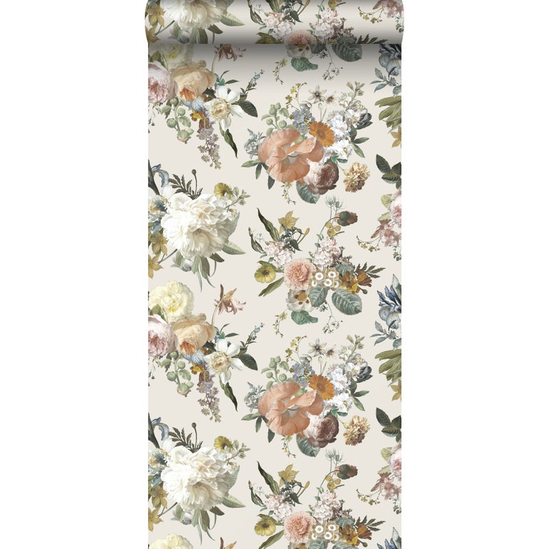 Tapeta zabytkowe kwiaty beżowym - 53 cm x 10.05 m - ESTAHOME