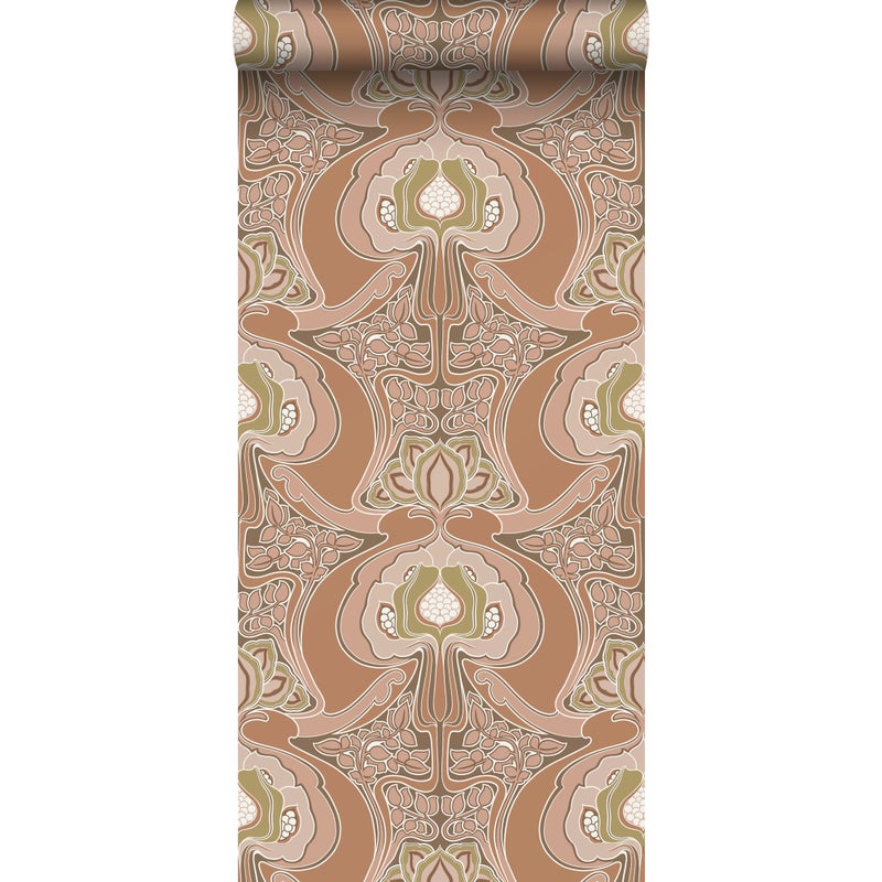 Tapeta vintage kwiaty w stylu secesyjnym terakoty różowej - 53 cm x 10.05 m - ESTAHOME