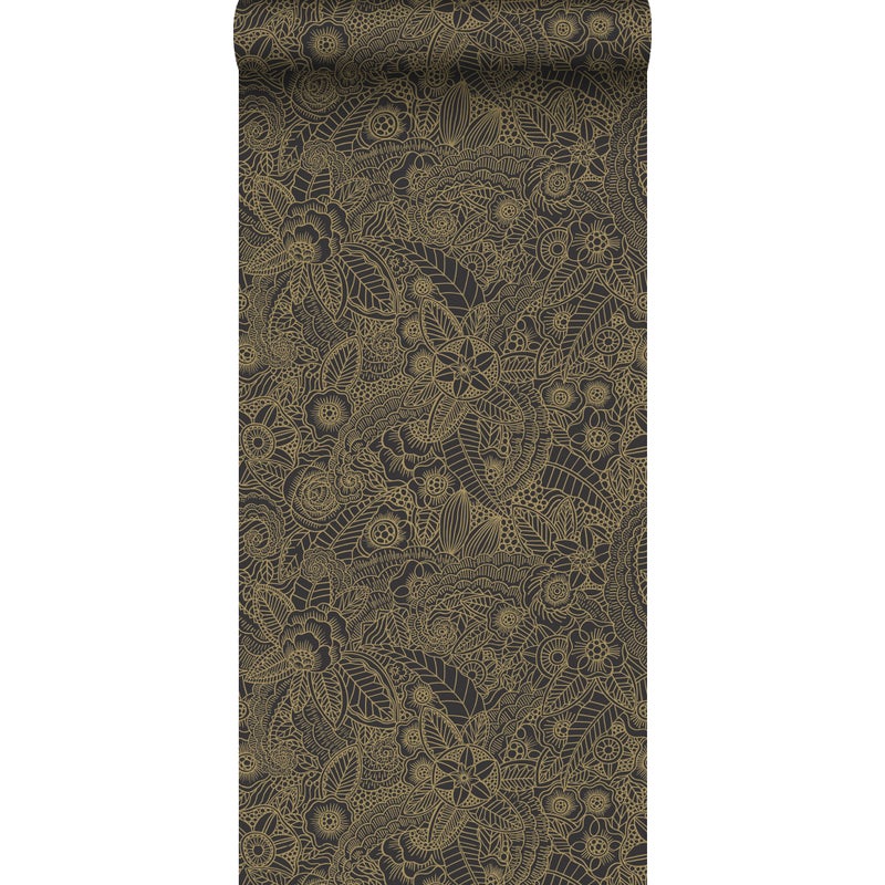 Tapeta rysunki kwiatowe czarnymIzłotym - 53 cm x 10.05 m - ESTAHOME