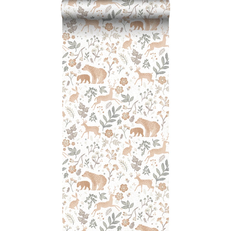 Tapeta las ze zwierzętami leśnymi szaro zielonym,beżowymIbiałym - 53 cm x 10.05 m - ESTAHOME