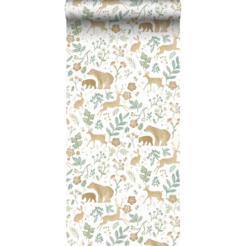 Tapeta las ze zwierzętami leśnymi zielonymIbeżowym - 53 cm x 10.05 m - ESTAHOME