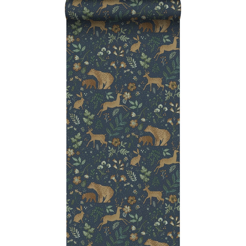 Tapeta las ze zwierzętami leśnymi ciemnoniebieskimIbeżowym - 53 cm x 10.05 m - ESTAHOME