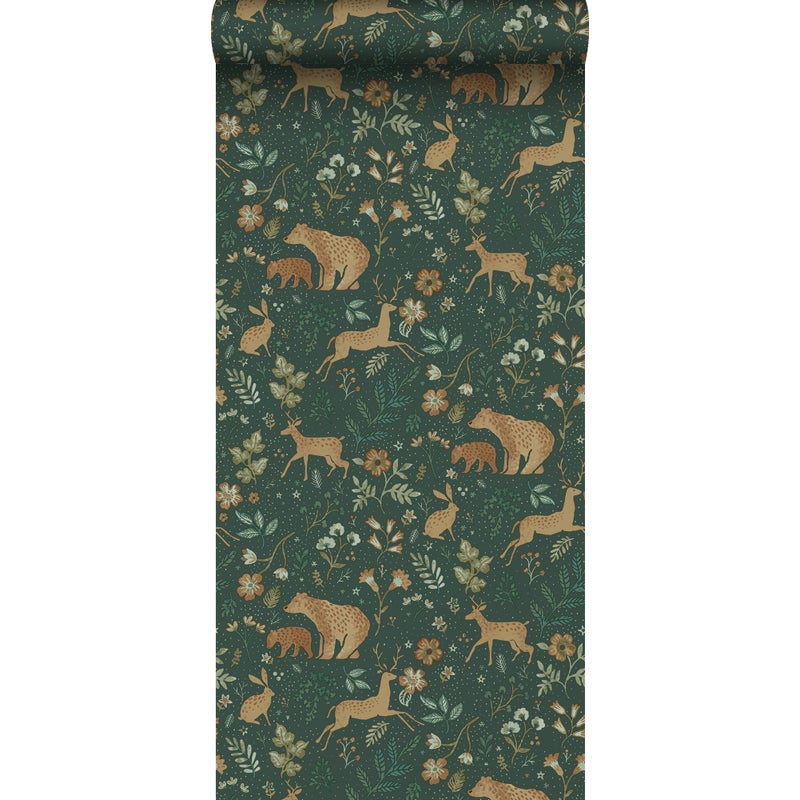 Tapeta las ze zwierzętami leśnymi ciemnej zieleniIbeżowym - 53 cm x 10.05 m - ESTAHOME