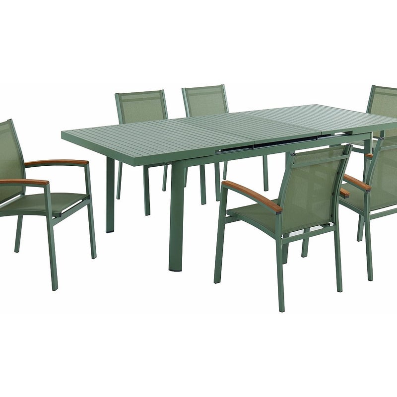 Jadalnia ogrodowa z aluminium: stół rozkładany 180/240cm i 6 sztaplowanych foteli z podłokietnikami akacja - Migdałowa zieleń - NAURU