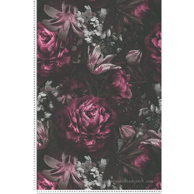 Tapeta kwiatowy wzór liliowo fioletowym,czarnym,szarymIbiałym - 53 cm x 10.05 m - LIVINGWALLS