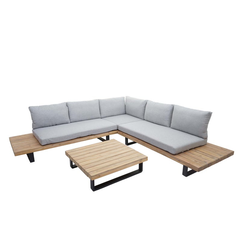 Zestaw ogrodowy HWC-H54, zestaw wypoczynkowy Lounge-Set, drewno akacjowe Spun Poly MVG aluminium ~ jasnobrązowy, tapicerka jasnoszara
