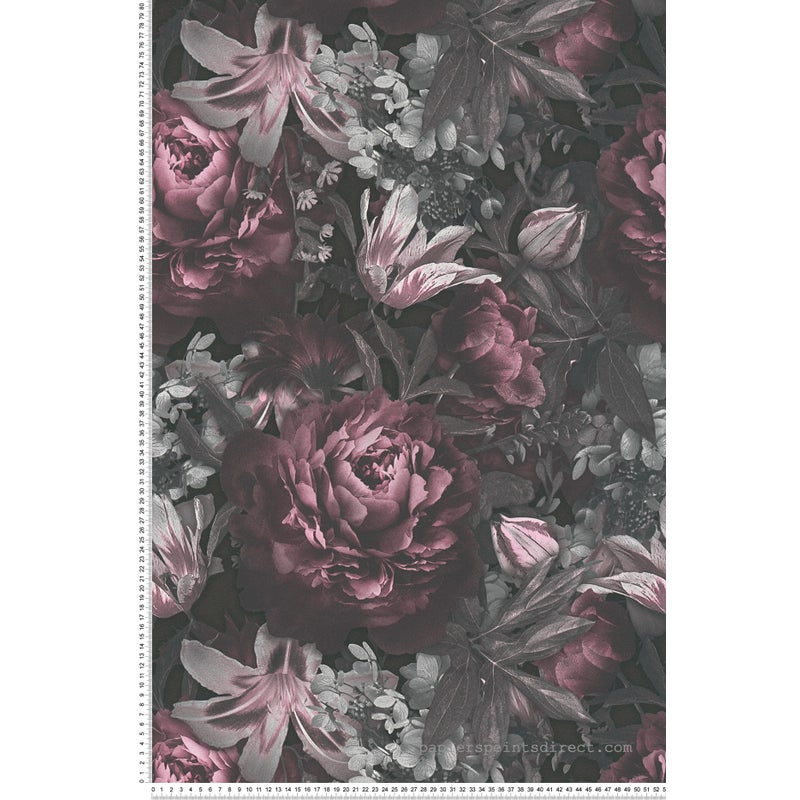 Tapeta kwiatowy wzór szarym,różowym,czarnymIbiałym - 53 cm x 10.05 m - LIVINGWALLS