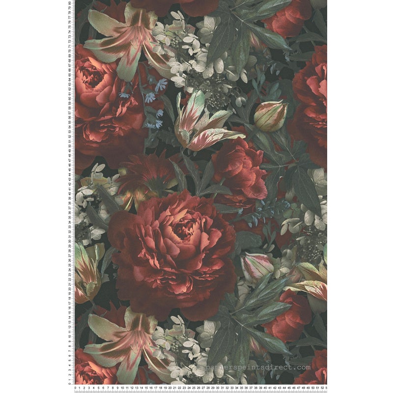 Tapeta kwiatowy wzór czerwonymIzielonym - 53 cm x 10.05 m - LIVINGWALLS