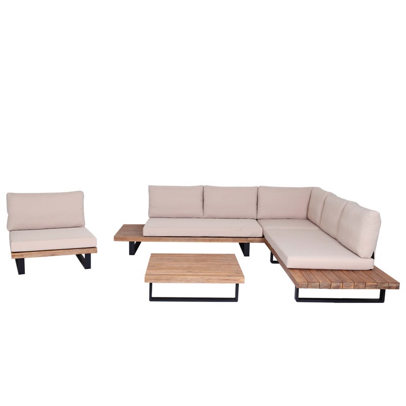 Zestaw ogrodowy z fotelem HWC-H54, zestaw wypoczynkowy sofa, spun poly acacia wood MVG aluminium ~ jasnobrązowy, beżowa tapicerka