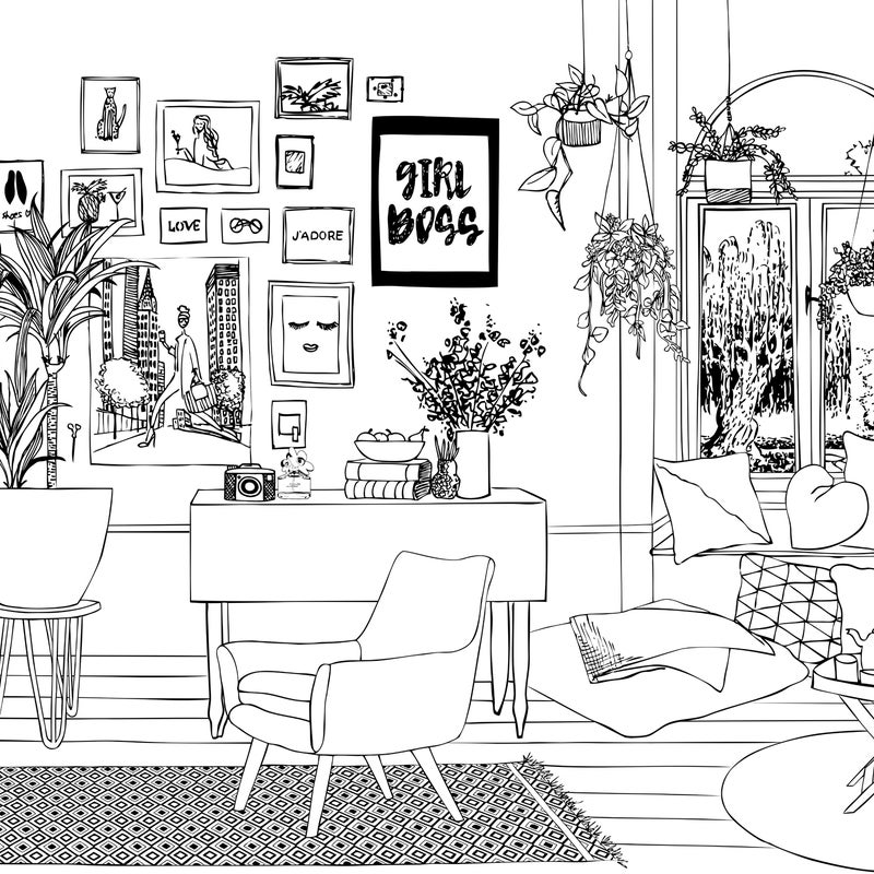 Fototapeta rysunkowy pokój dzienny czarno-białym - 325.5 x 279 cm - ESTAHOME